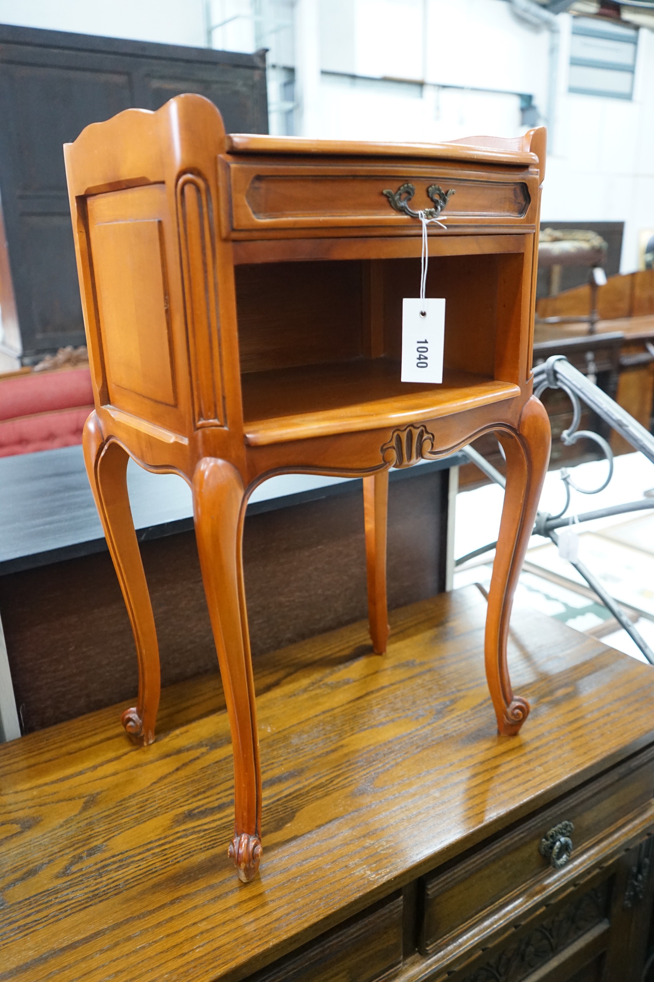 A pair of Louis XV style beech and cherry bedside tables, width 39cm, depth 30cm, height 69cm